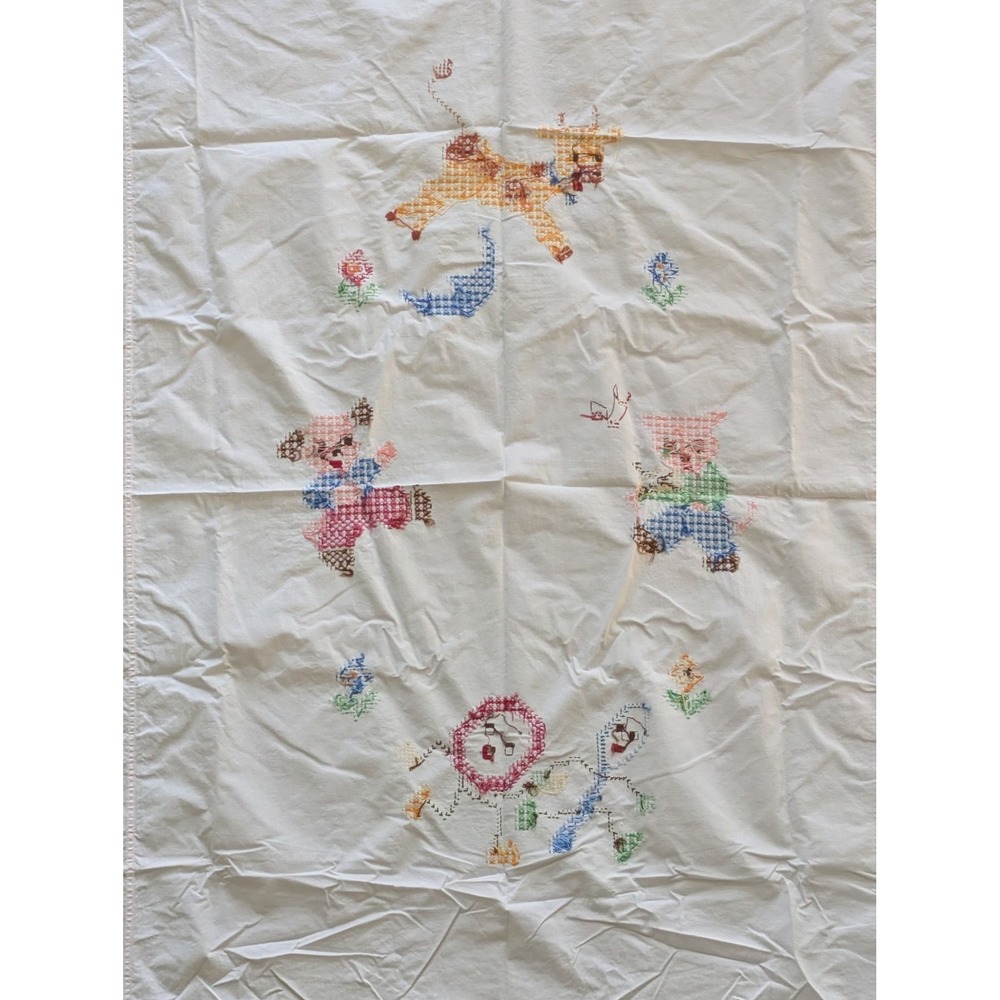Hand Stitched Cross Stitch Coverlet Toddler Bed Nursery Rhyme Animal Bedding